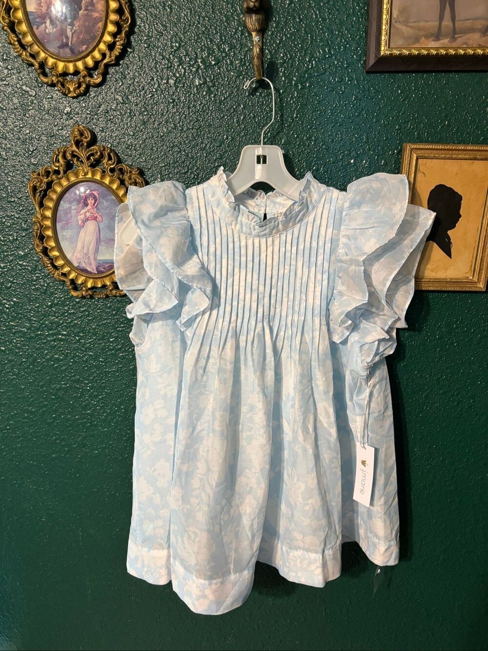 NWT J.Marie Skye Pleated Top Blue White Floral Ruffle Flutter Sleeves Sz Medium